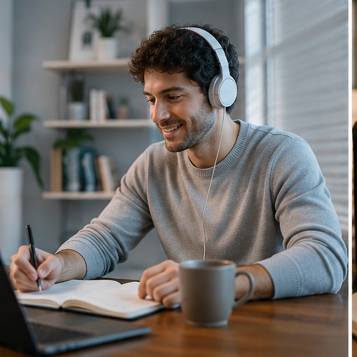 Aluno em aula online de inglês com fones de ouvido, fazendo anotações