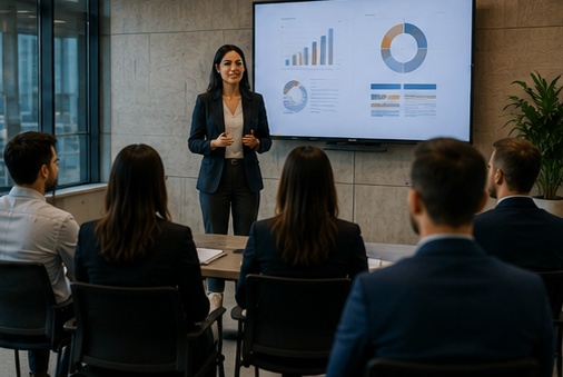 Profissional apresentando resultados em inglês para a equipe em empresa multinacional